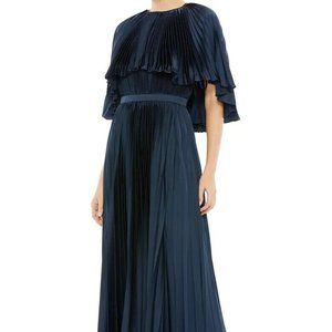 Ieena Mac Duggal Midnight Blue Pleated Capelet Satin Dress